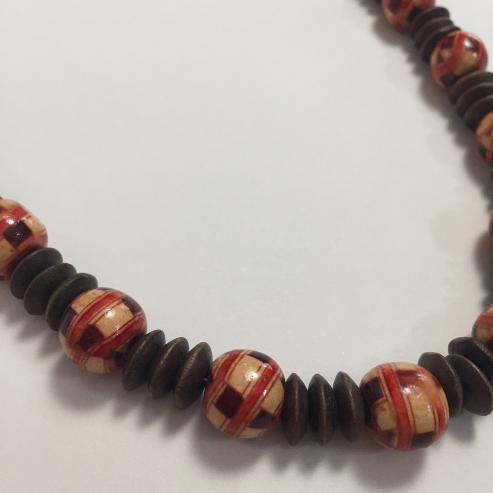 Vintage handmade wooden bead necklace tiki tropic